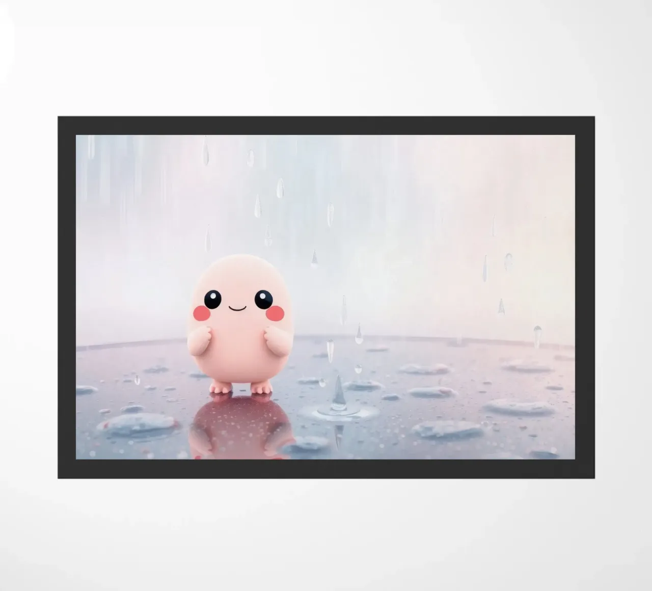 Simpatico personaggio rosa in piedi sotto la pioggia su un riflettore zerbino da DesignDoodle
