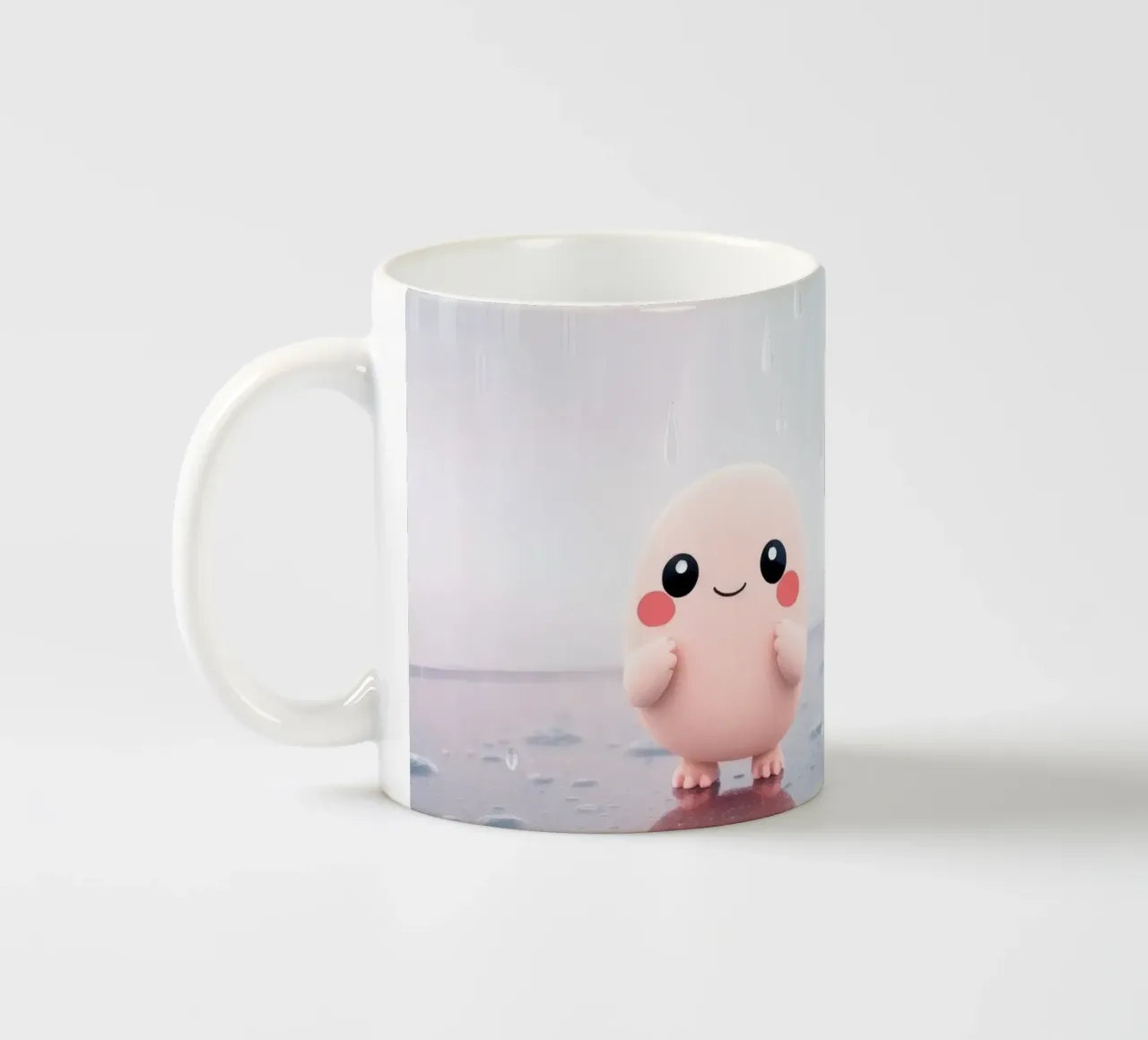Simpatico personaggio rosa in piedi sotto la pioggia su un riflettore tazza in ceramica da DesignDoodle