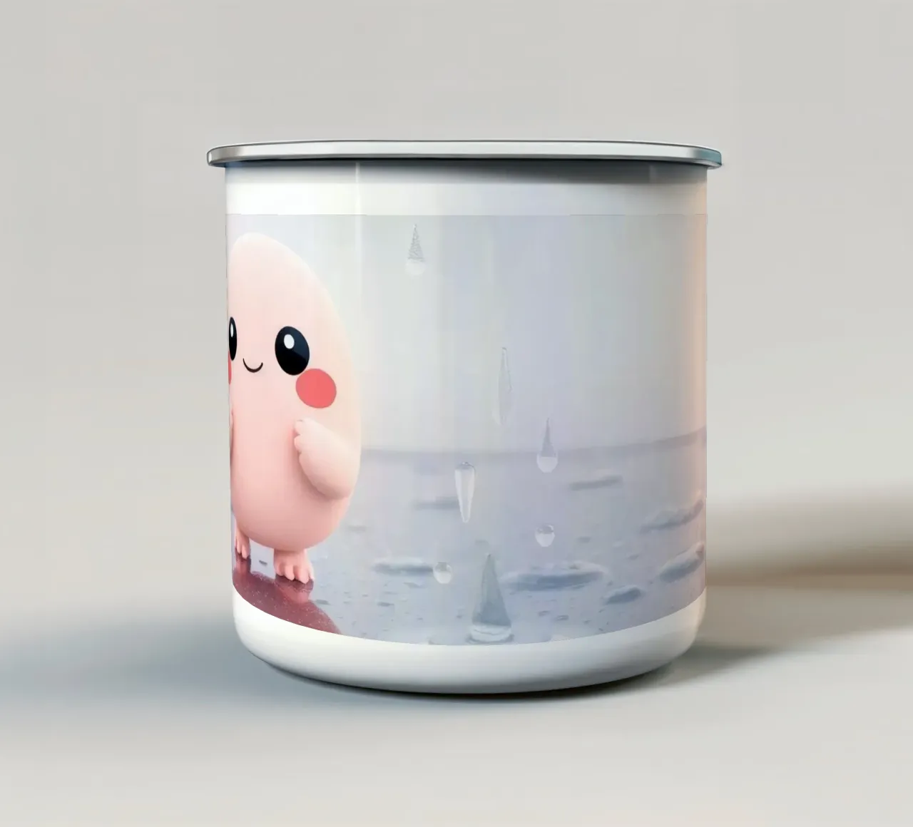 Simpatico personaggio rosa in piedi sotto la pioggia su un riflettore tazza in smalto da DesignDoodle