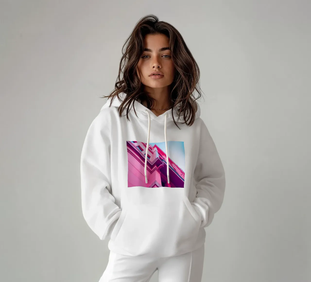 Design architettonico moderno con edificio di colore rosa acceso felpa con cappuccio da DesignDoodle