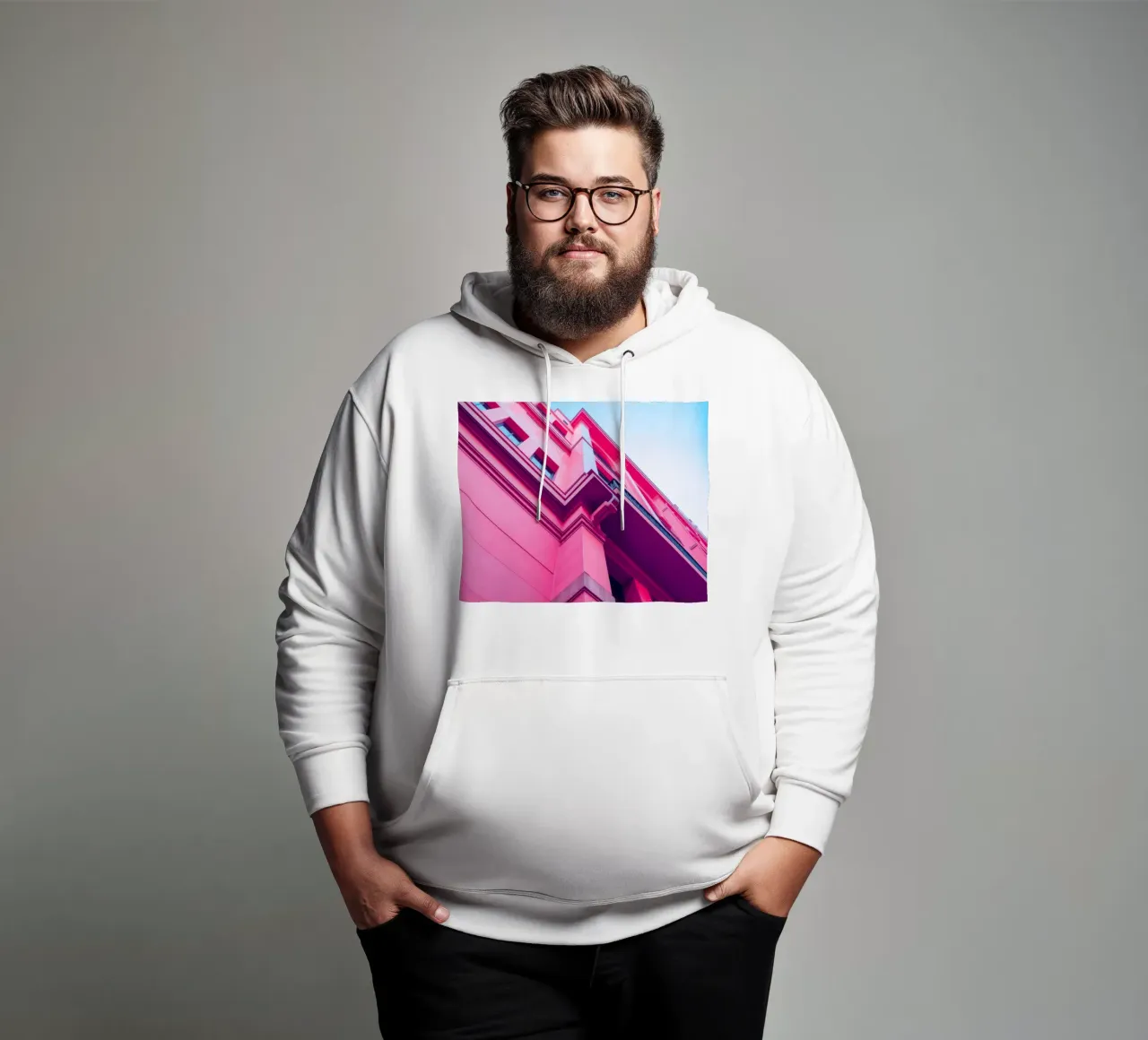 Design architettonico moderno con edificio di colore rosa acceso felpa con cappuccio da DesignDoodle