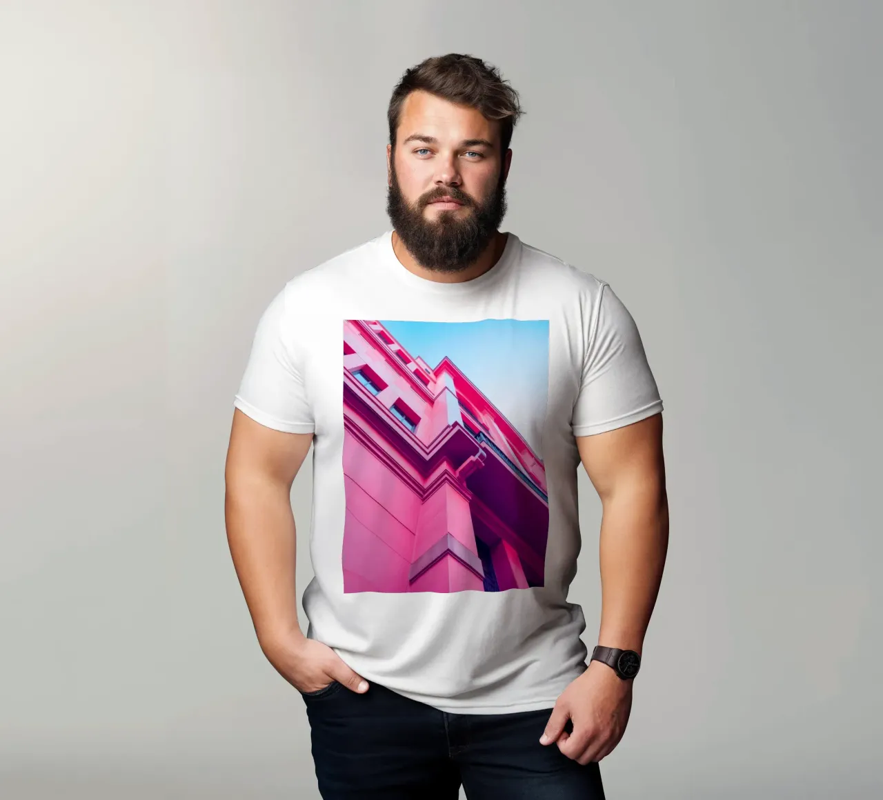 Design architettonico moderno con edificio di colore rosa acceso t-shirt da DesignDoodle