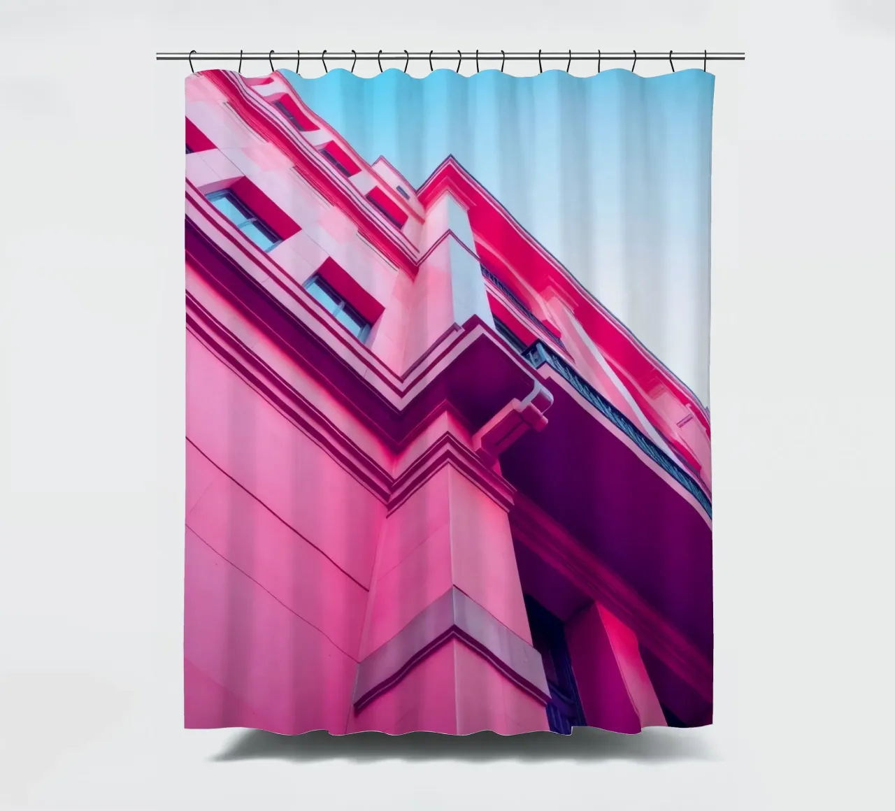 Design architettonico moderno con edificio di colore rosa acceso tenda da doccia da DesignDoodle