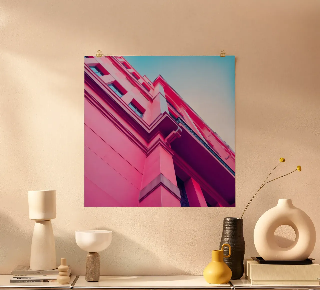Design architettonico moderno con edificio di colore rosa acceso carta hahnemühle da DesignDoodle