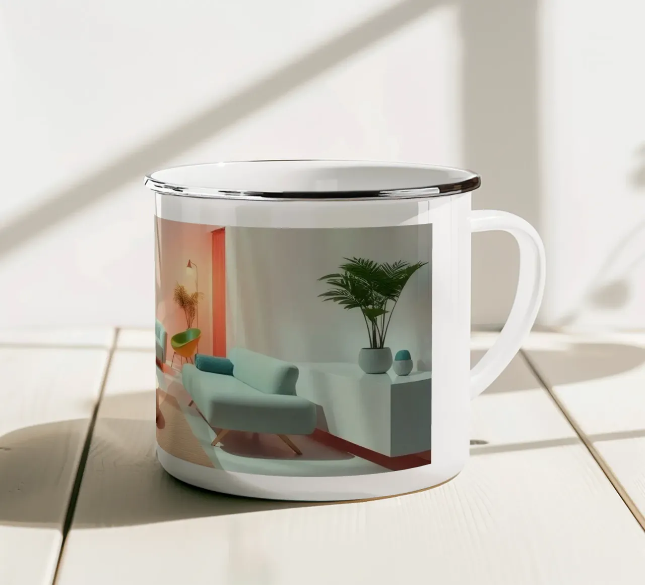 Moderne woonkamer met minimalistisch design en zachte verlichting emaille mok van DesignDoodle
