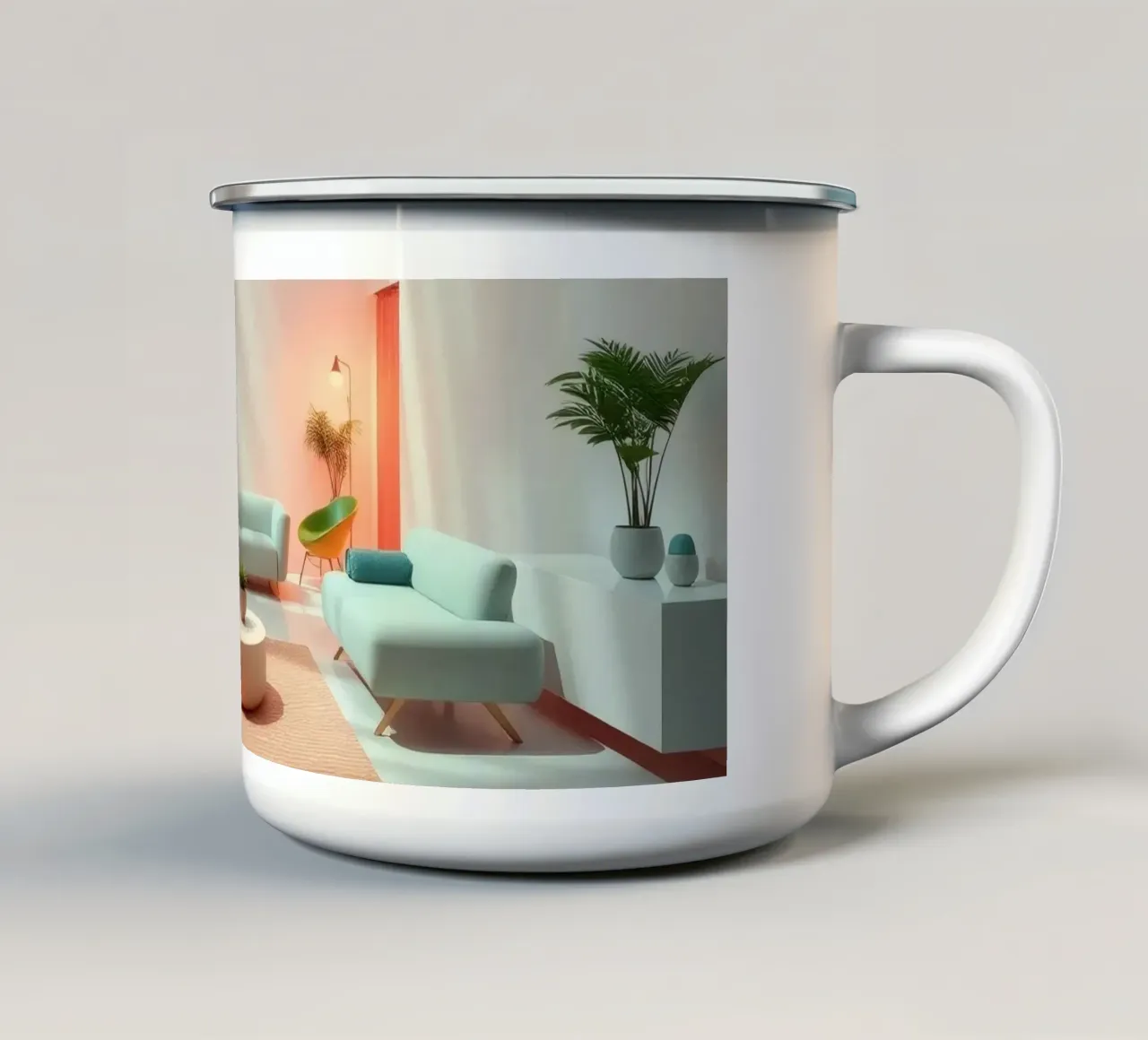 Moderne woonkamer met minimalistisch design en zachte verlichting emaille mok van DesignDoodle