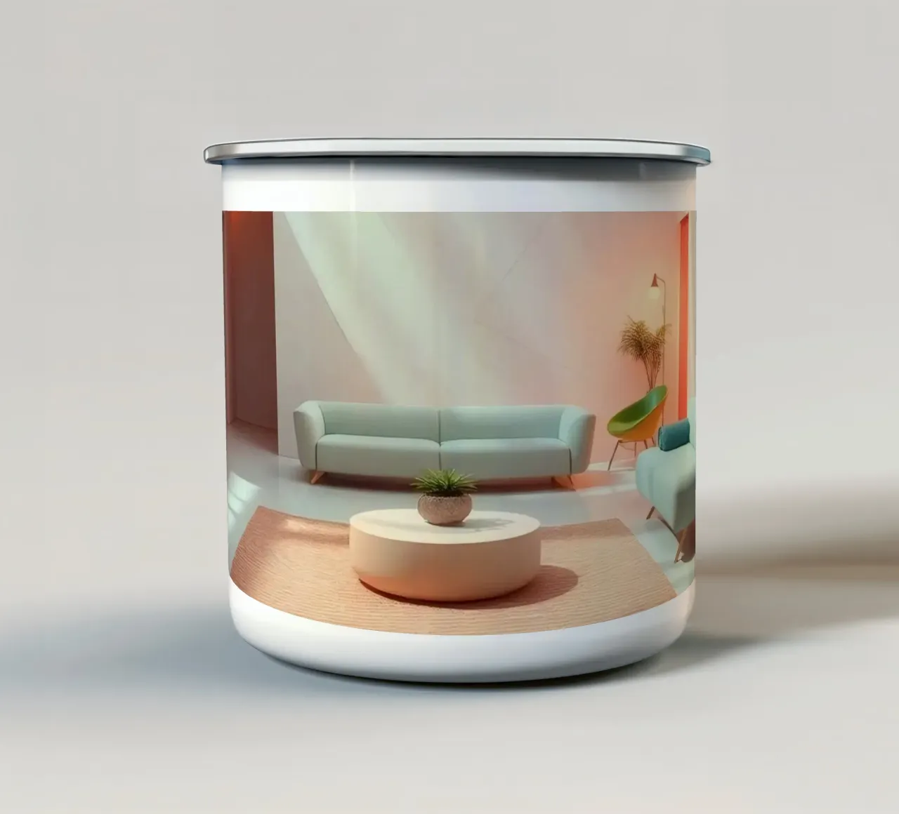 Moderne woonkamer met minimalistisch design en zachte verlichting emaille mok van DesignDoodle