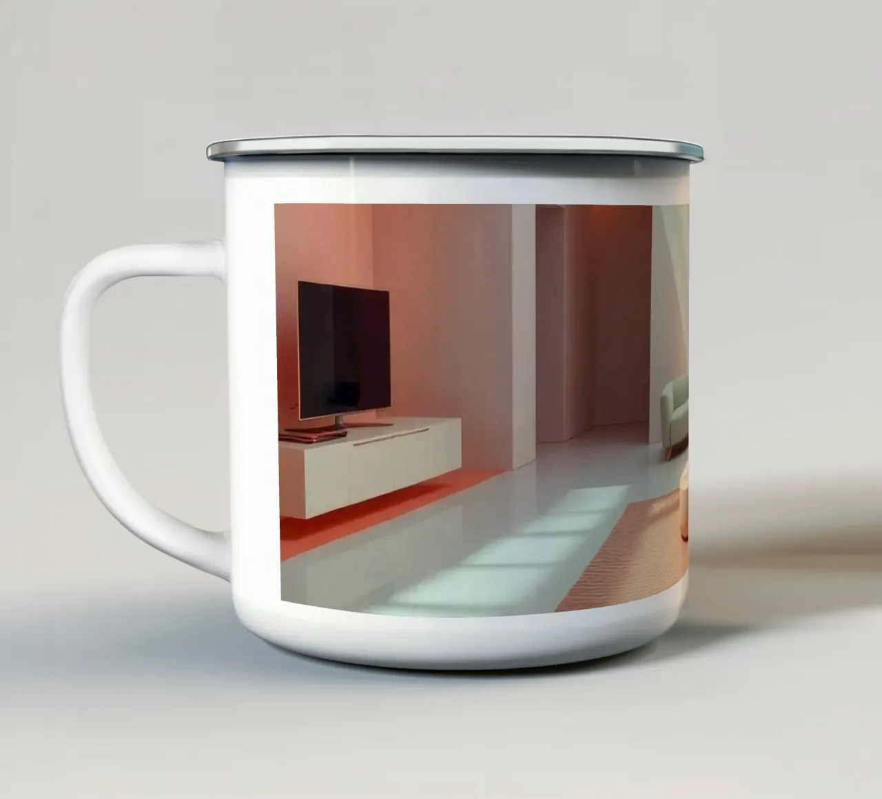 Moderne woonkamer met minimalistisch design en zachte verlichting emaille mok van DesignDoodle