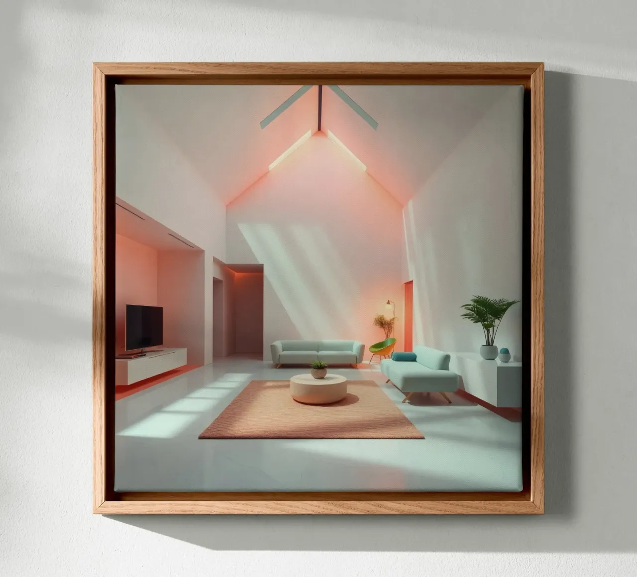 Moderne woonkamer met minimalistisch design en zachte verlichting canvas met Baklijst van DesignDoodle