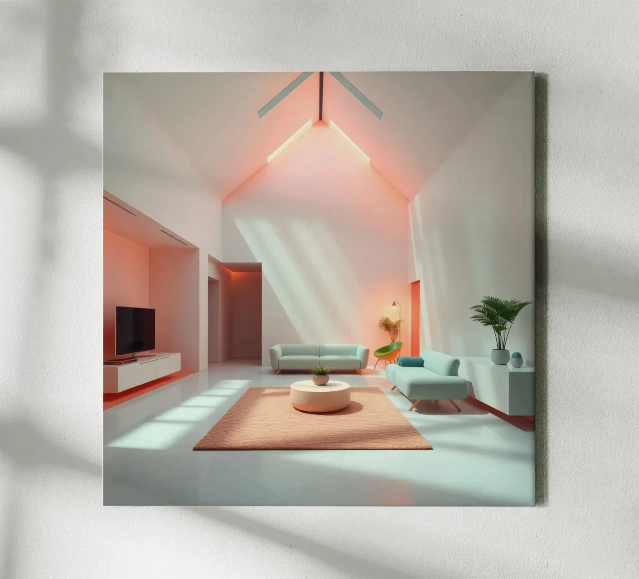 Moderne woonkamer met minimalistisch design en zachte verlichting canvas met Baklijst van DesignDoodle