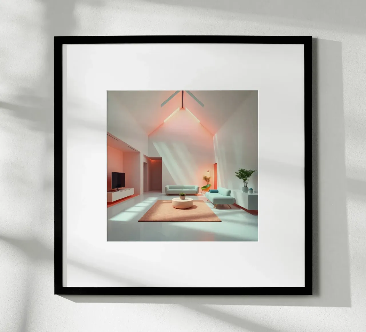 Moderne woonkamer met minimalistisch design en zachte verlichting poster van DesignDoodle