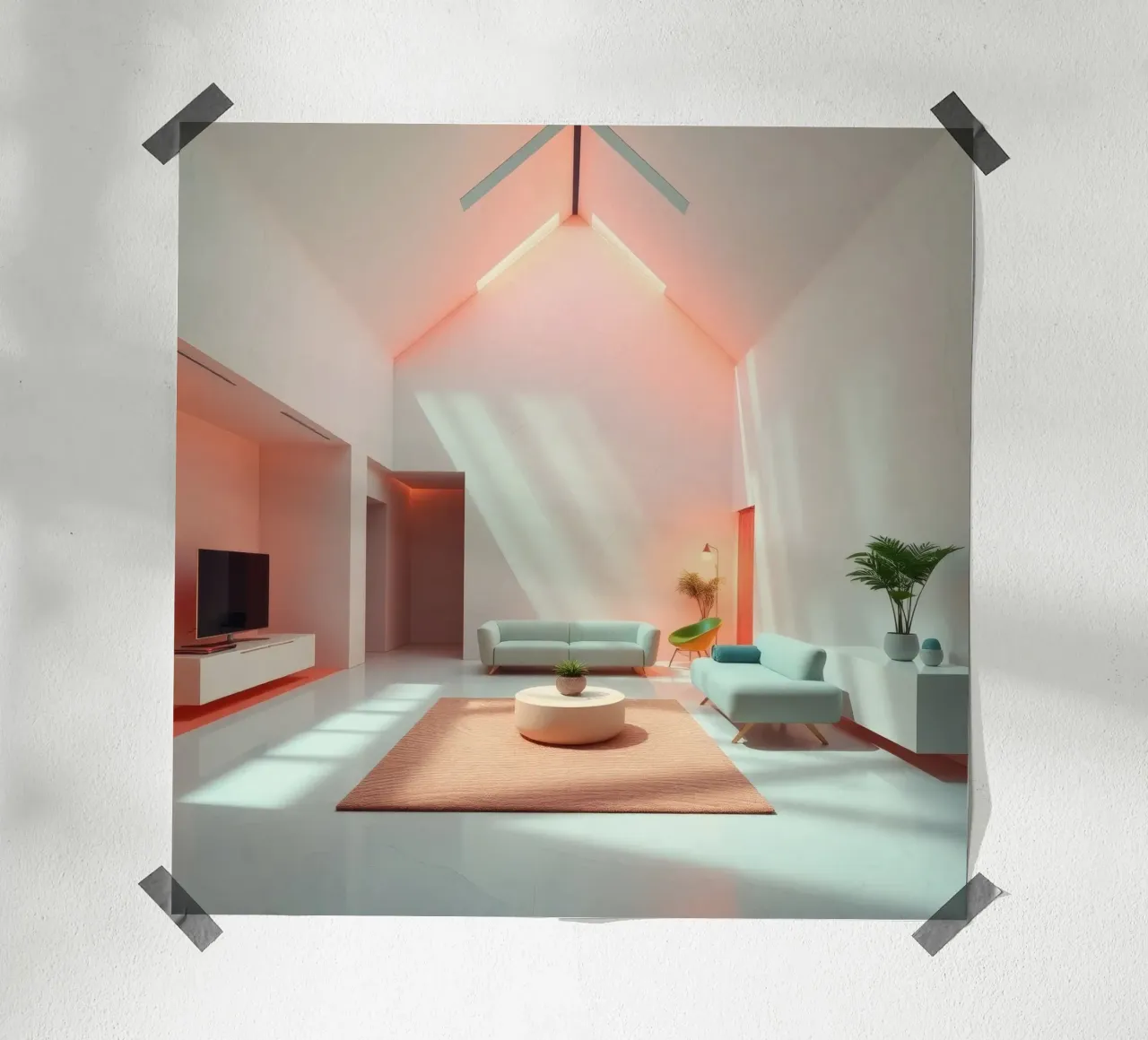 Moderne woonkamer met minimalistisch design en zachte verlichting poster van DesignDoodle