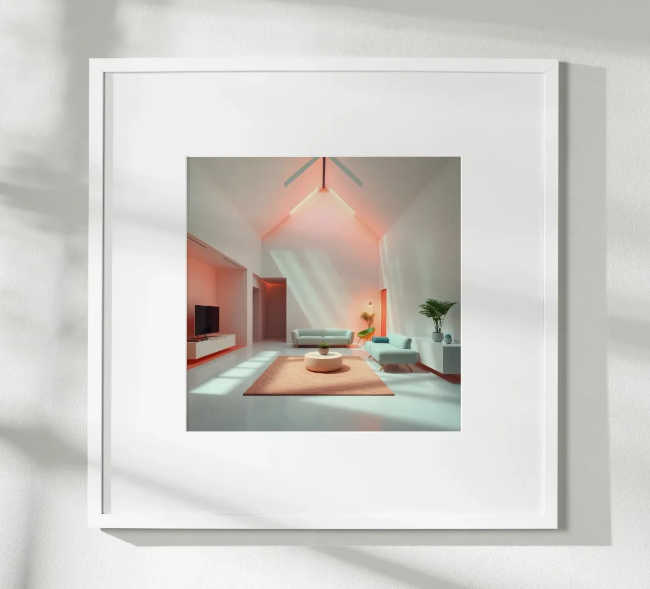 Moderne woonkamer met minimalistisch design en zachte verlichting poster van DesignDoodle