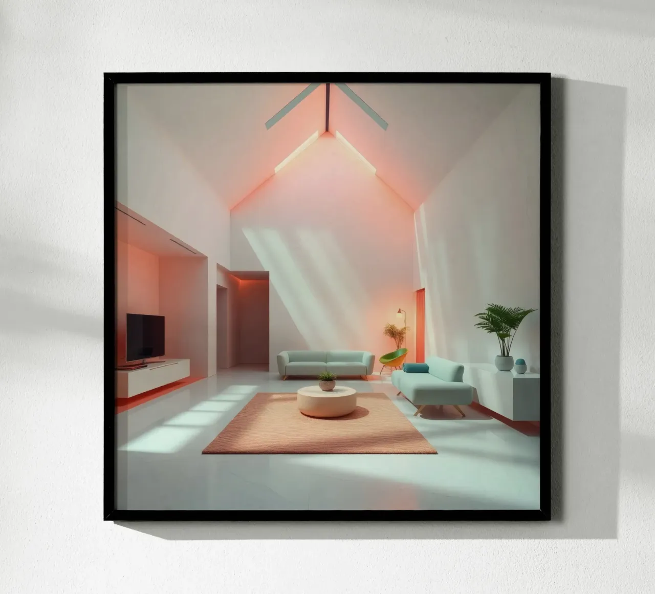 Moderne woonkamer met minimalistisch design en zachte verlichting poster van DesignDoodle