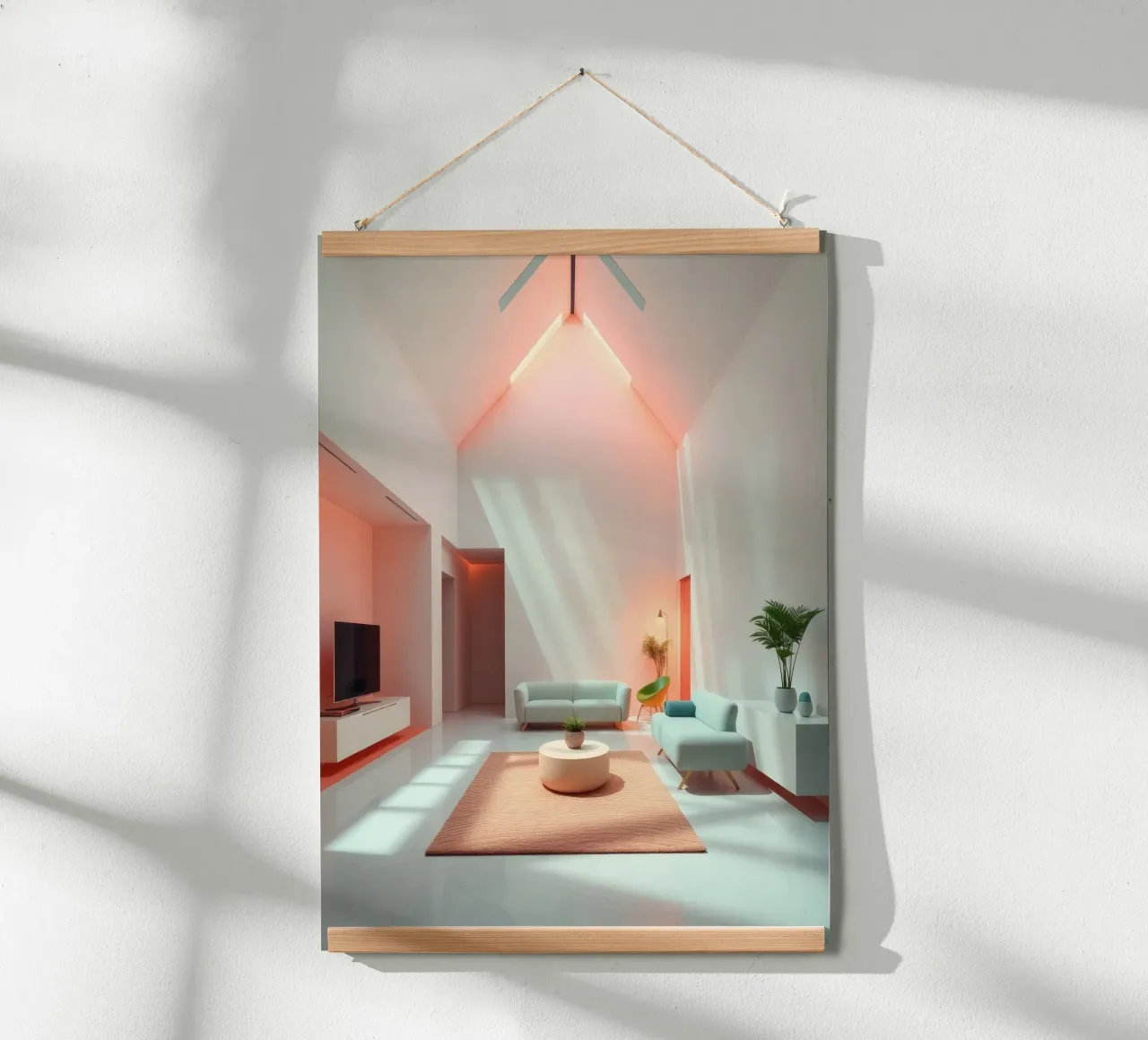 Moderne woonkamer met minimalistisch design en zachte verlichting poster van DesignDoodle