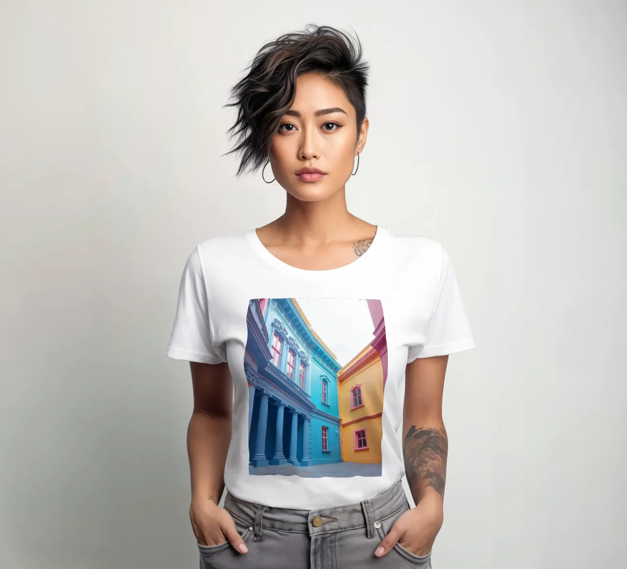 courtyard showcasing colorful architecture in a historical women's fitted t-shirt by DesignDoodle