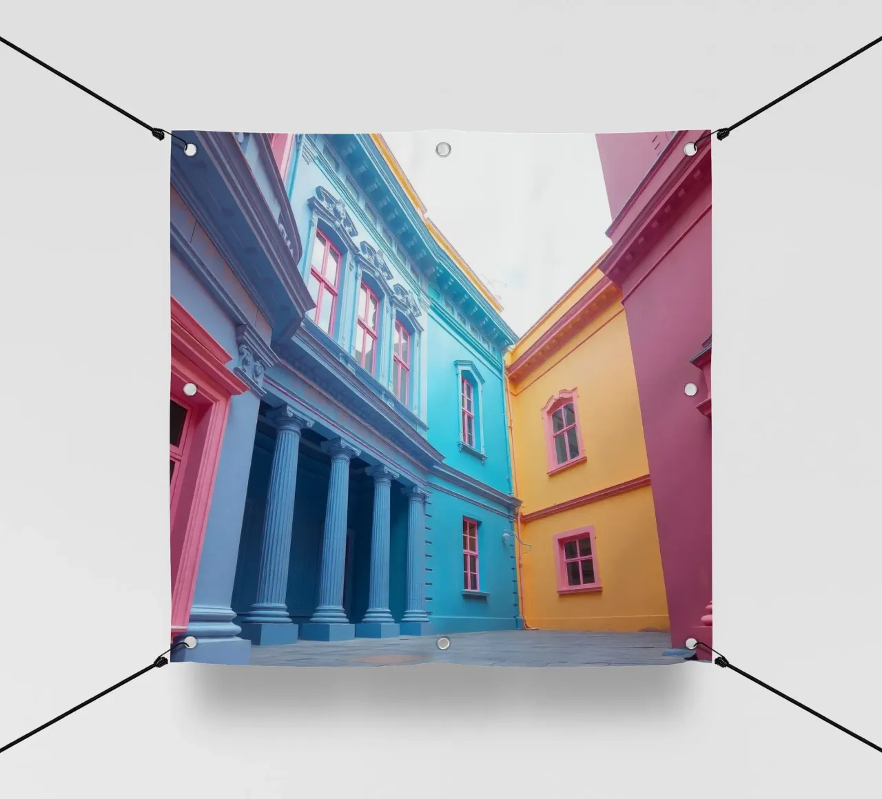 La cour intérieure présente une architecture colorée dans un quartier historique. bâche pvc de DesignDoodle