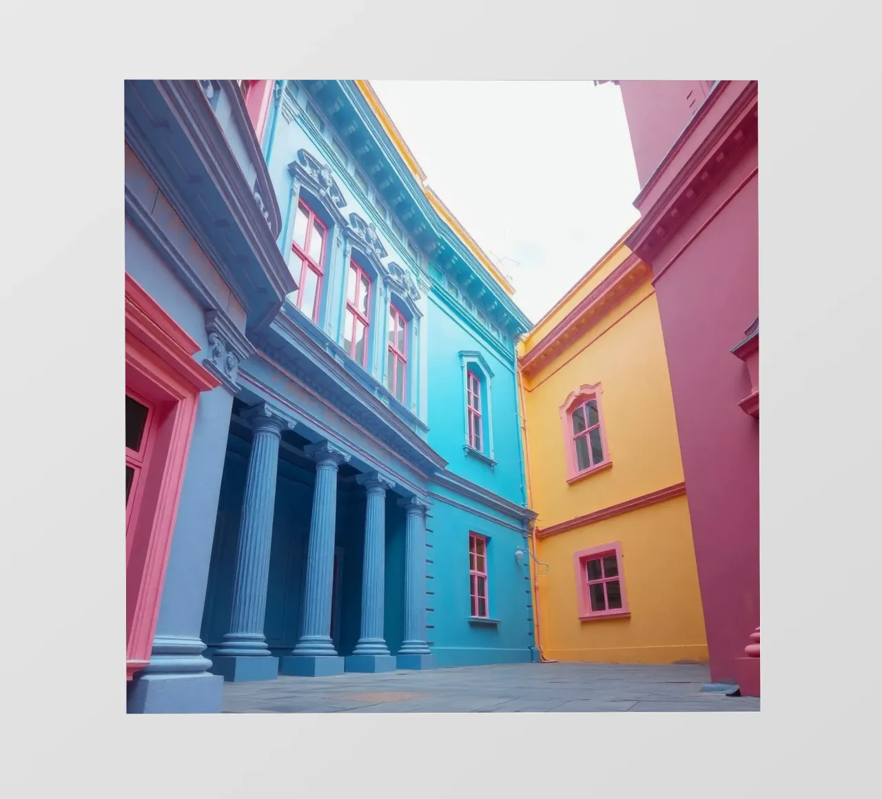 La cour intérieure présente une architecture colorée dans un quartier historique. bâche pvc de DesignDoodle