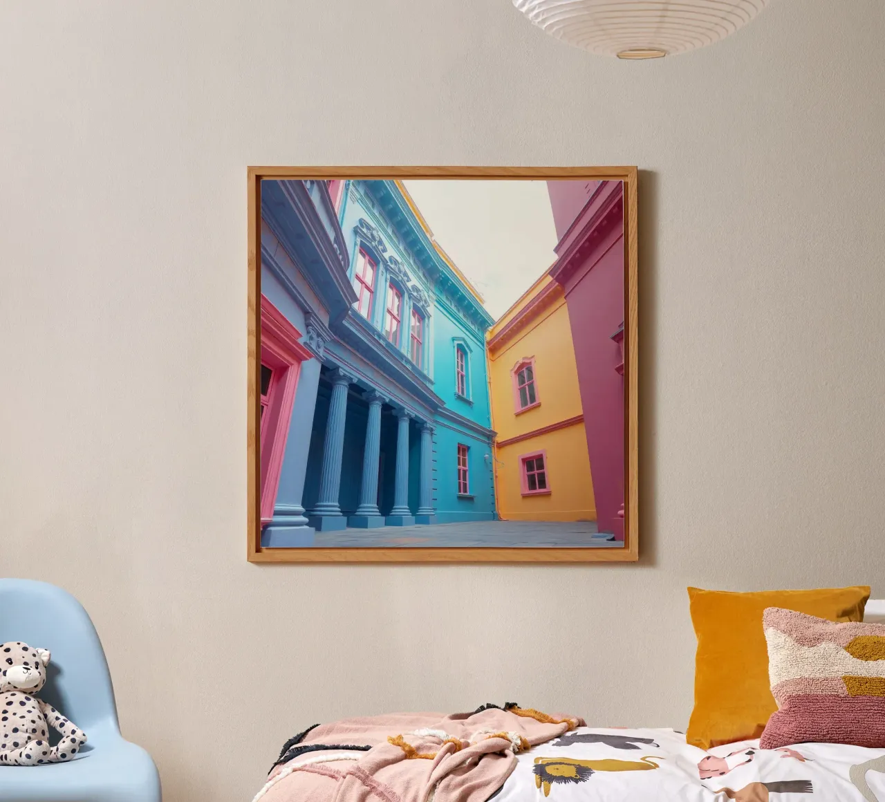 courtyard showcasing colorful architecture in a historical alu-dibond by DesignDoodle