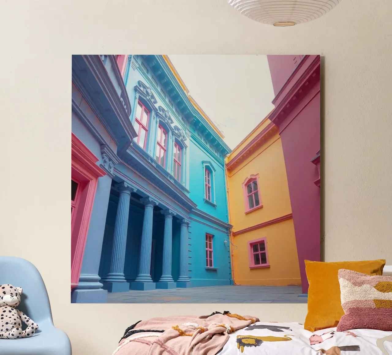 courtyard showcasing colorful architecture in a historical alu-dibond by DesignDoodle