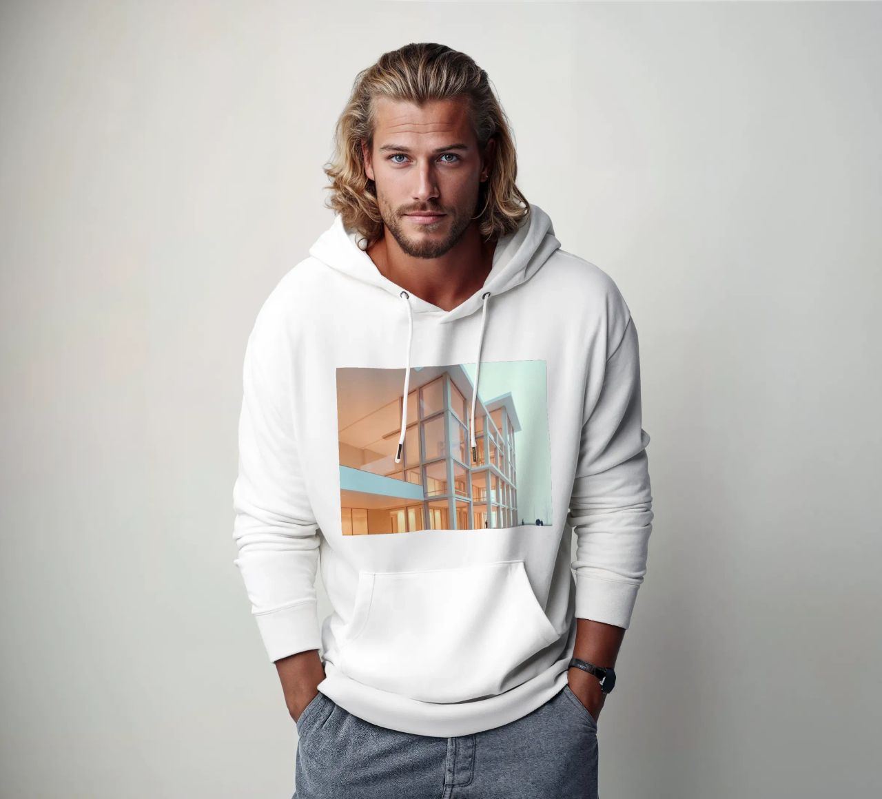 Design architettonico moderno con ampie aree aperte e felpa con cappuccio da DesignDoodle