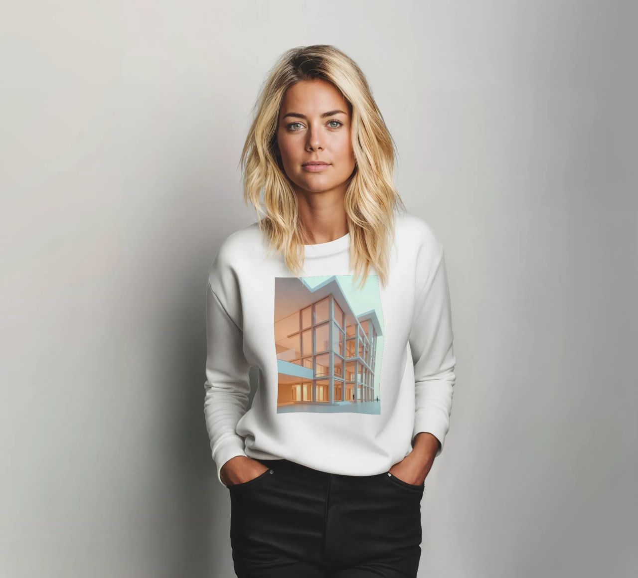 Design architettonico moderno con ampie aree aperte e felpa da DesignDoodle
