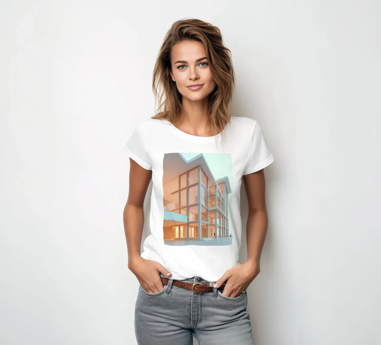 Modern architectural design with spacious open areas and women's fitted t-shirt by DesignDoodle