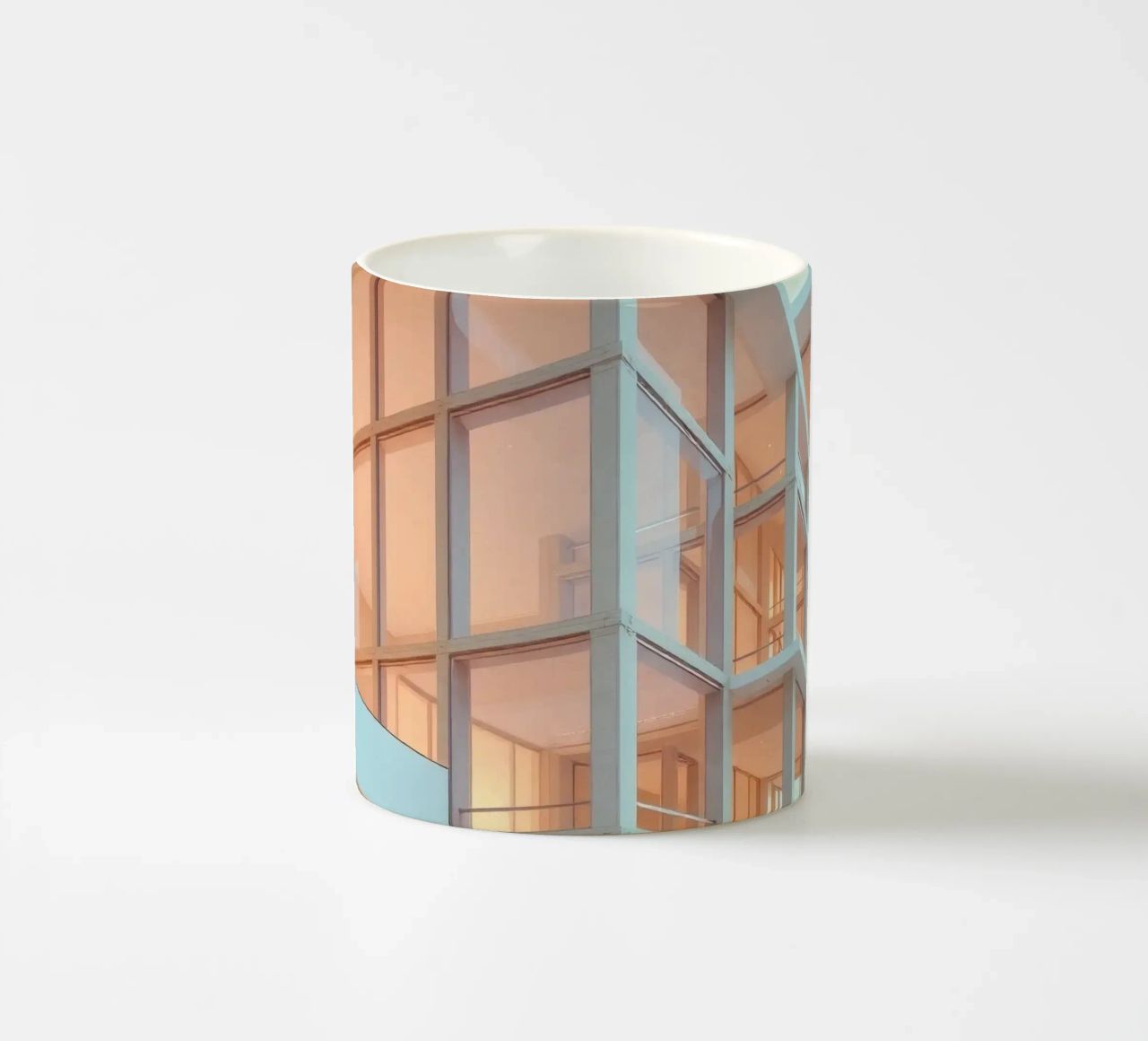 Modern architectonisch ontwerp met ruime open ruimtes en keramische mok van DesignDoodle