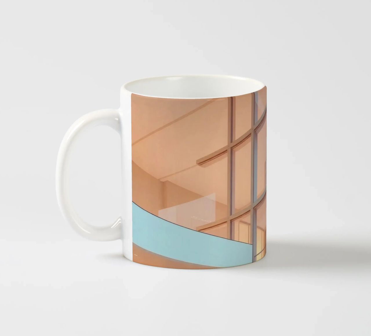 Modern architectonisch ontwerp met ruime open ruimtes en keramische mok van DesignDoodle