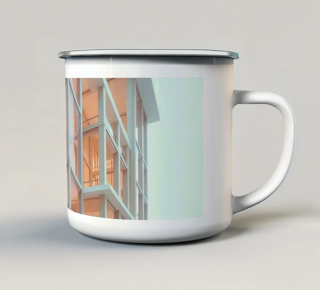 Moderne architektonische Gestaltung mit großzügigen Freiflächen und Emaille Tasse von DesignDoodle
