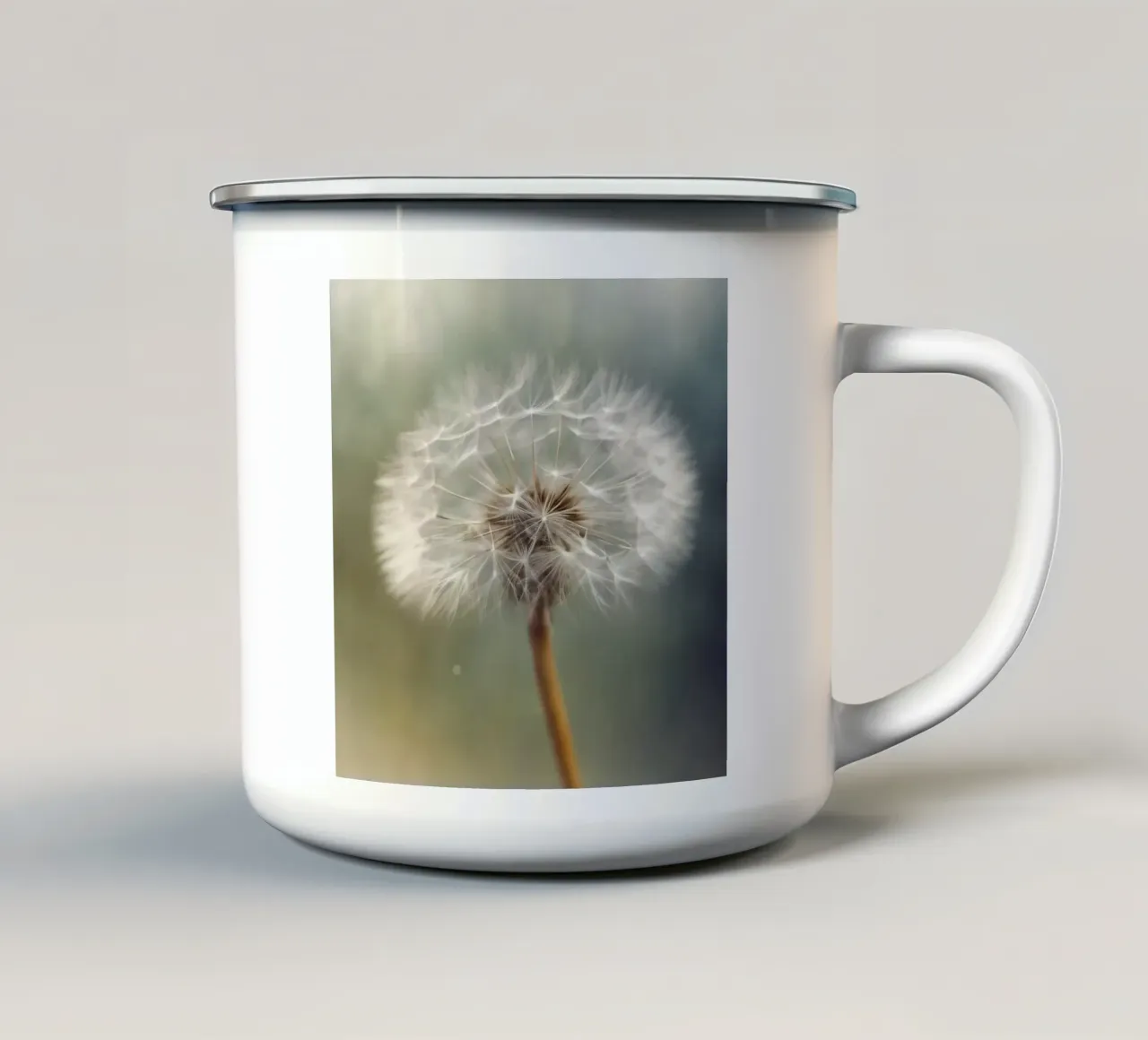 Testa di dente di leone in soft focus tazza in smalto da PhotoVibe Decor