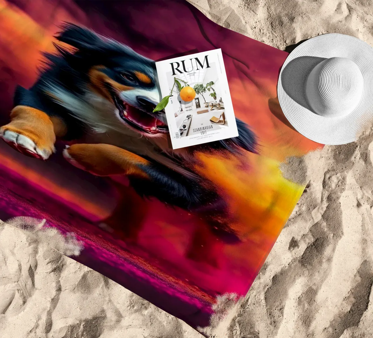 The colorful Bernese Mountain Dog #32 beach towel by Yumis.Beargang.and.Me