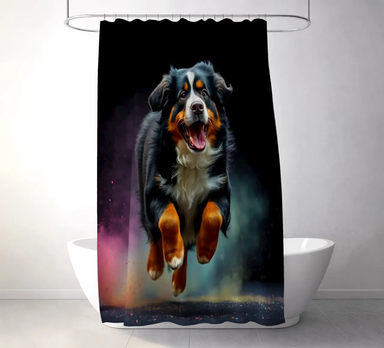 The colorful Bernese Mountain Dog #37 shower curtain by Yumis.Beargang.and.Me