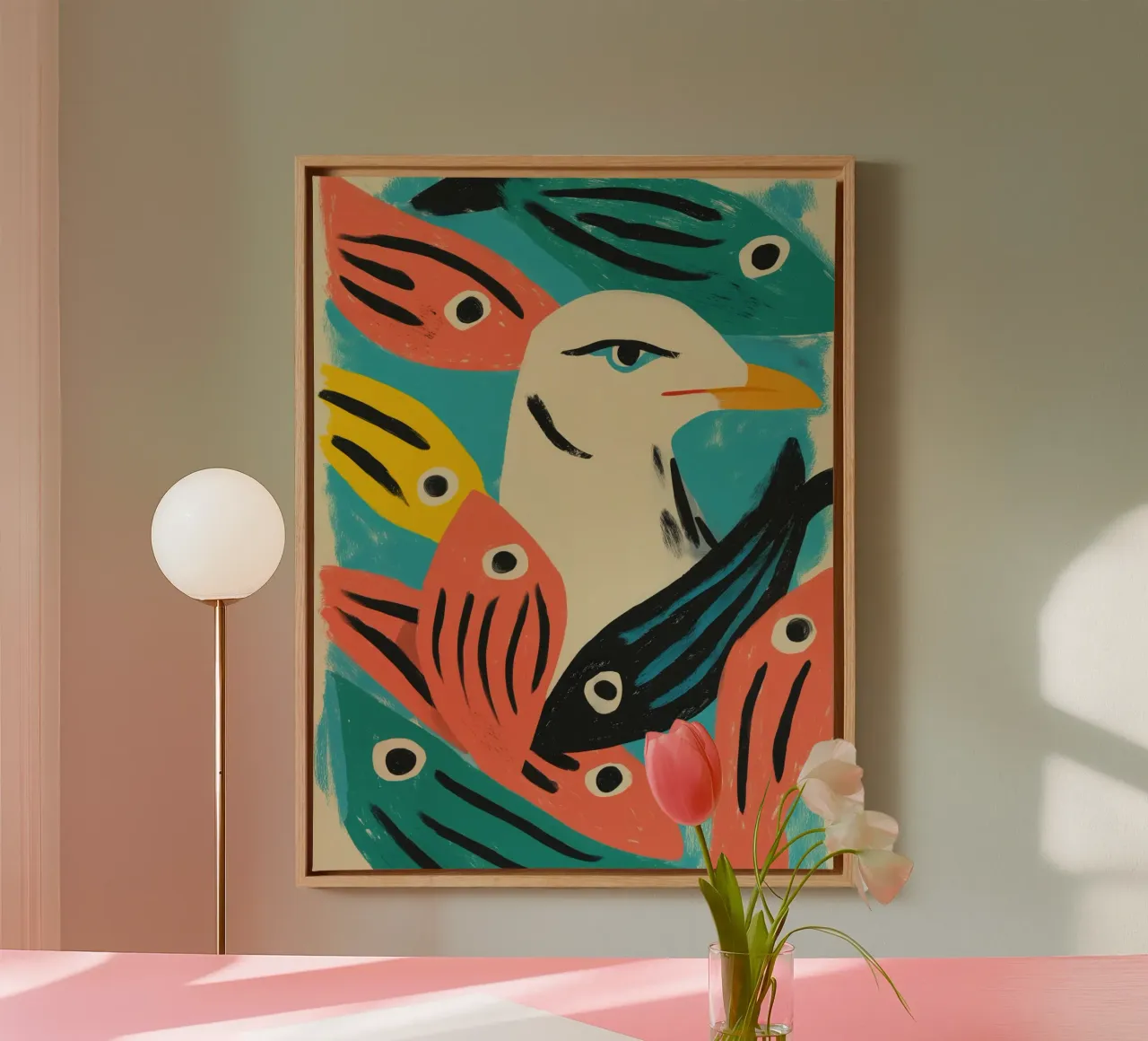 Zeemeeuw hoofd met vis | Zeefdruk zeevaart canvas met Baklijst van Autofocus