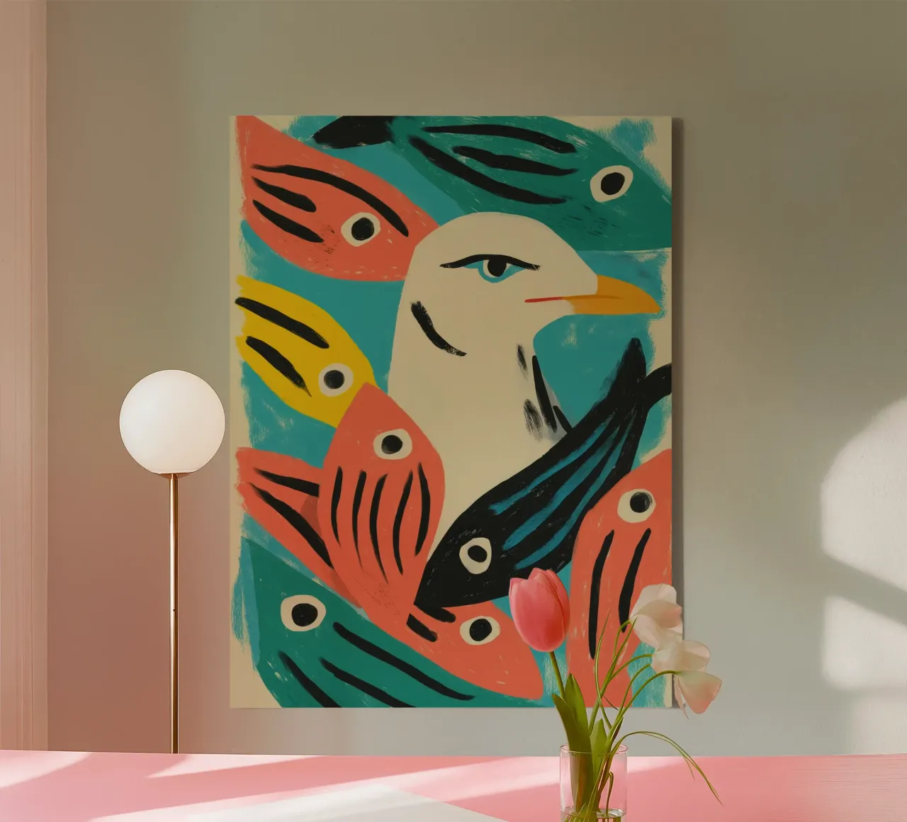 Zeemeeuw hoofd met vis | Zeefdruk zeevaart canvas met Baklijst van Autofocus