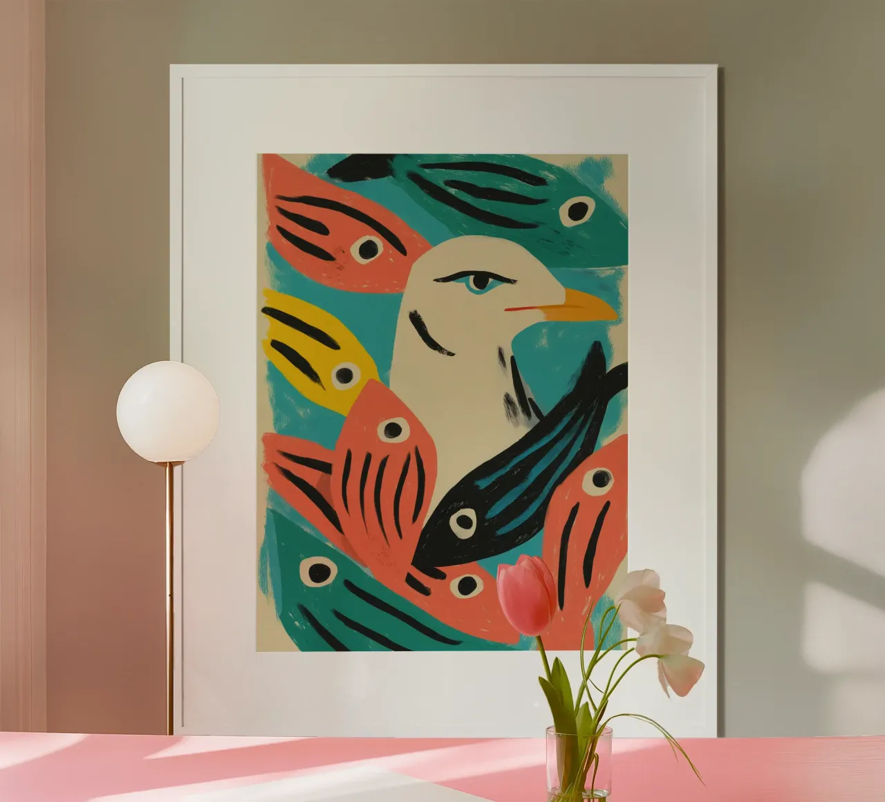 Möwenkopf mit Fischen | Maritimer Siebdruck Poster von Autofocus