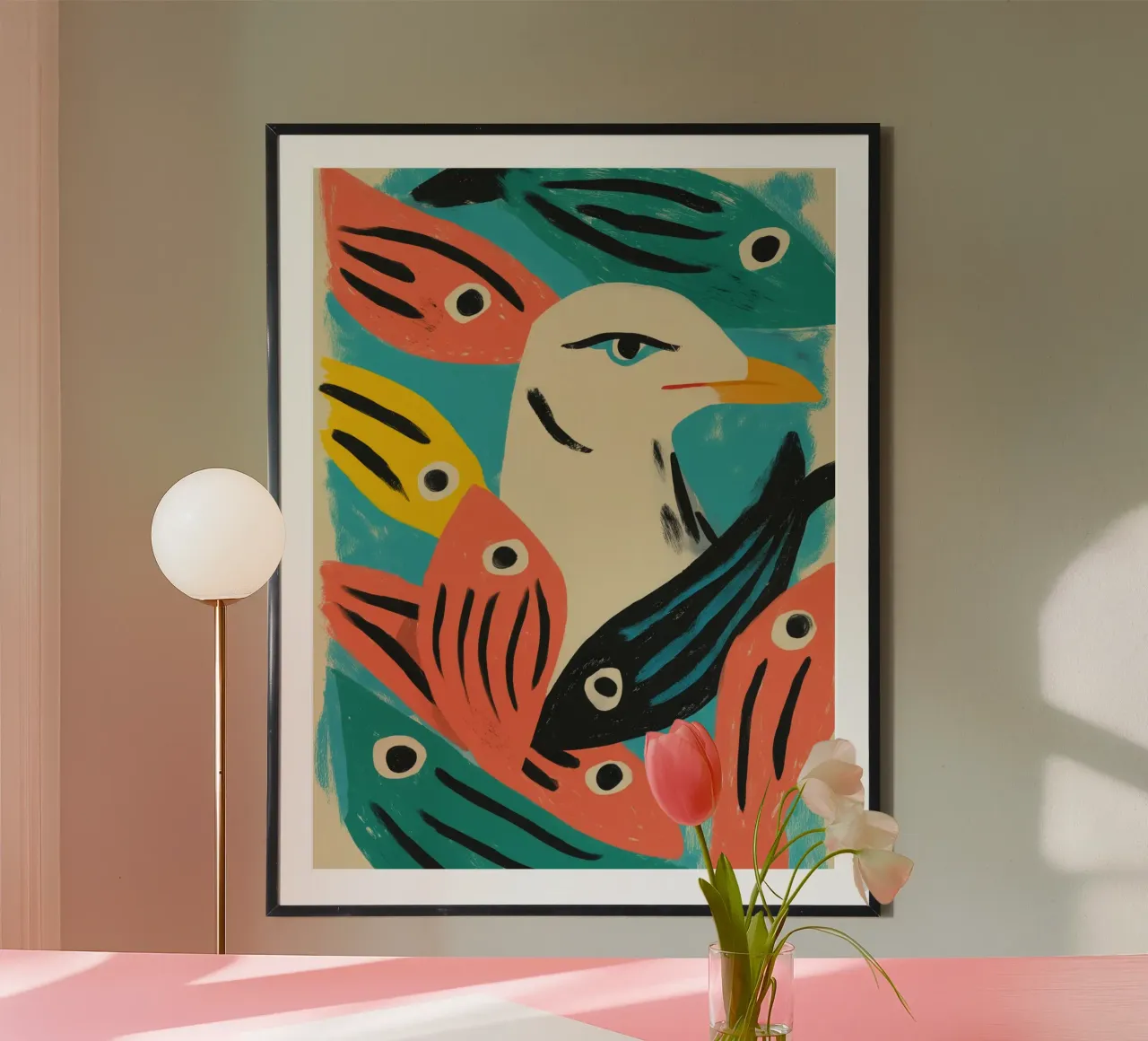 Möwenkopf mit Fischen | Maritimer Siebdruck Poster von Autofocus