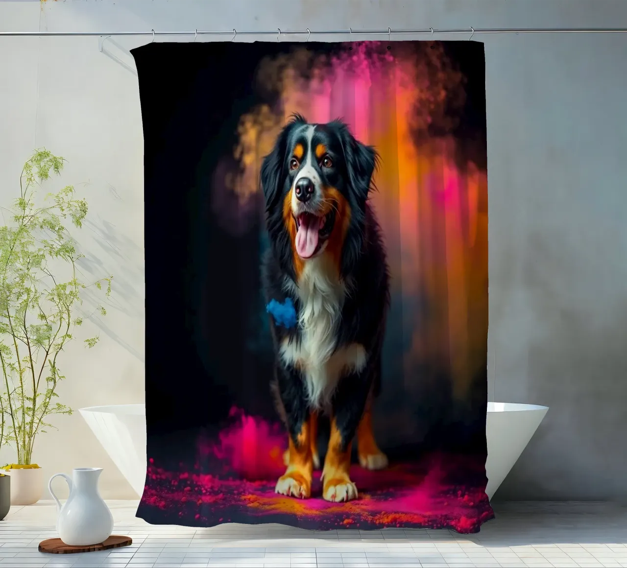 The colorful Bernese Mountain Dog #41 shower curtain by Yumis.Beargang.and.Me