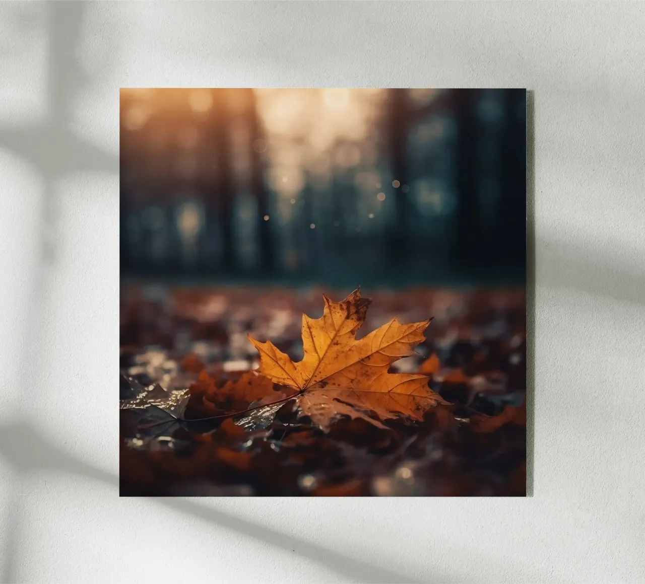 Feuille d'érable tombée dans la lumière d'automne plexiglas de PhotoVibe Decor