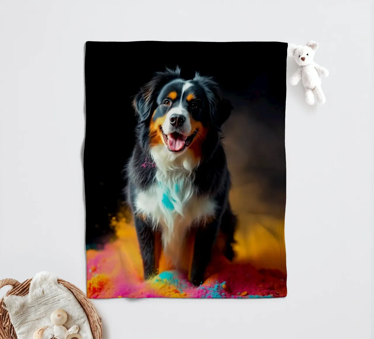 The colorful Bernese Mountain Dog #42 fleece blanket by Yumis.Beargang.and.Me