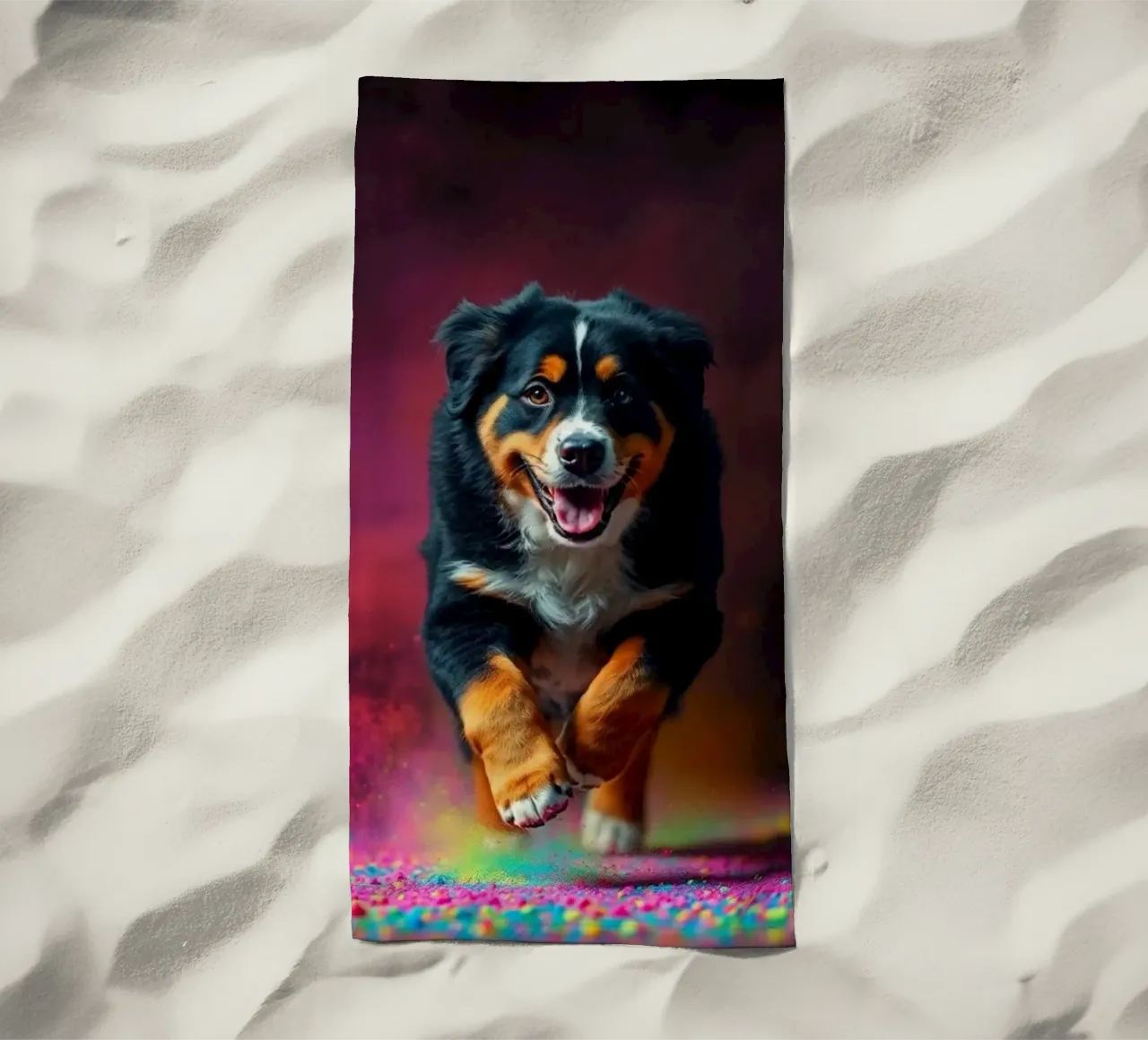 The colorful Bernese Mountain Dog #45 beach towel by Yumis.Beargang.and.Me