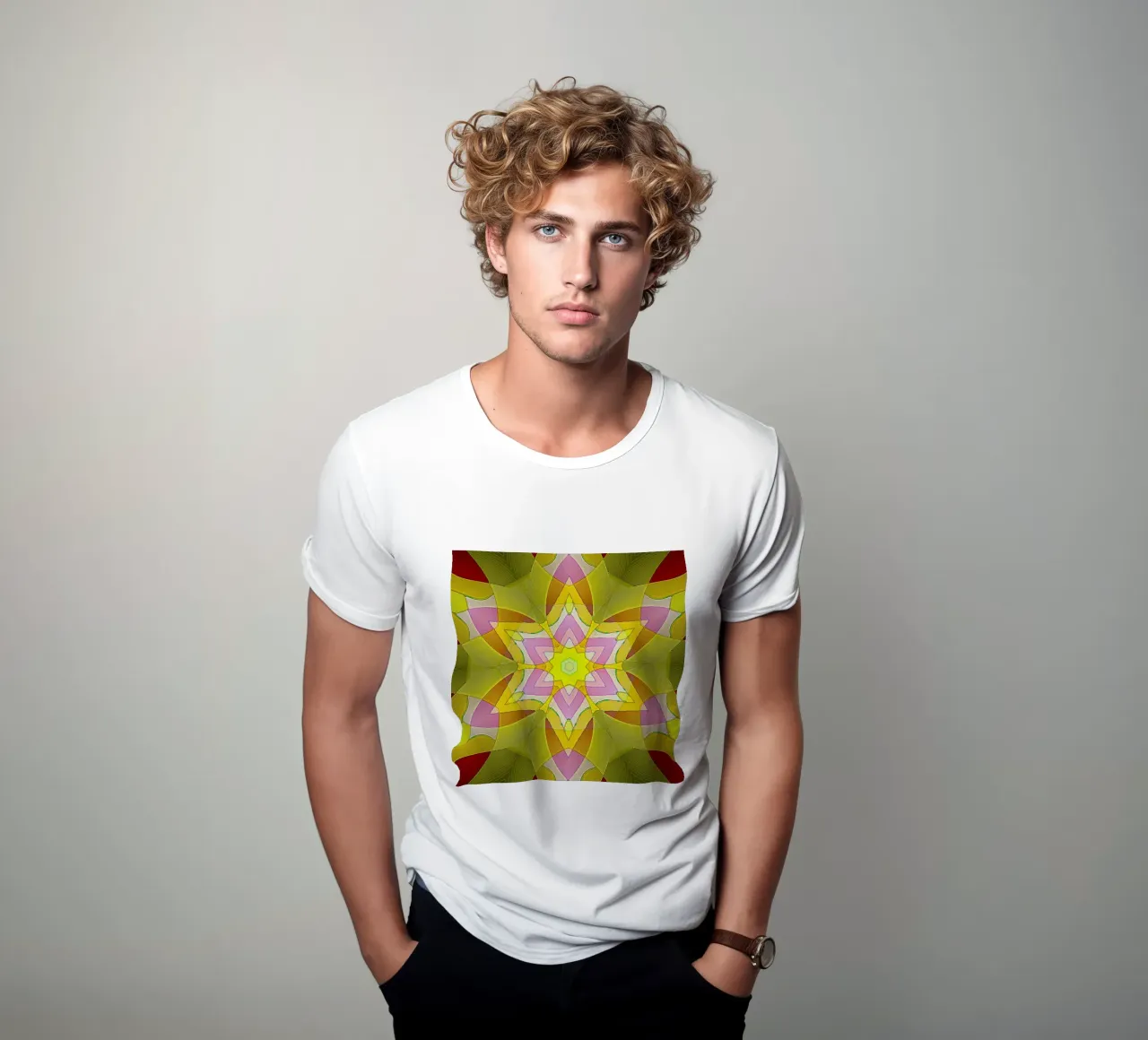 Caleidoscopio nei colori giallo e rosa t-shirt da Gürsel Yesil Digital Art