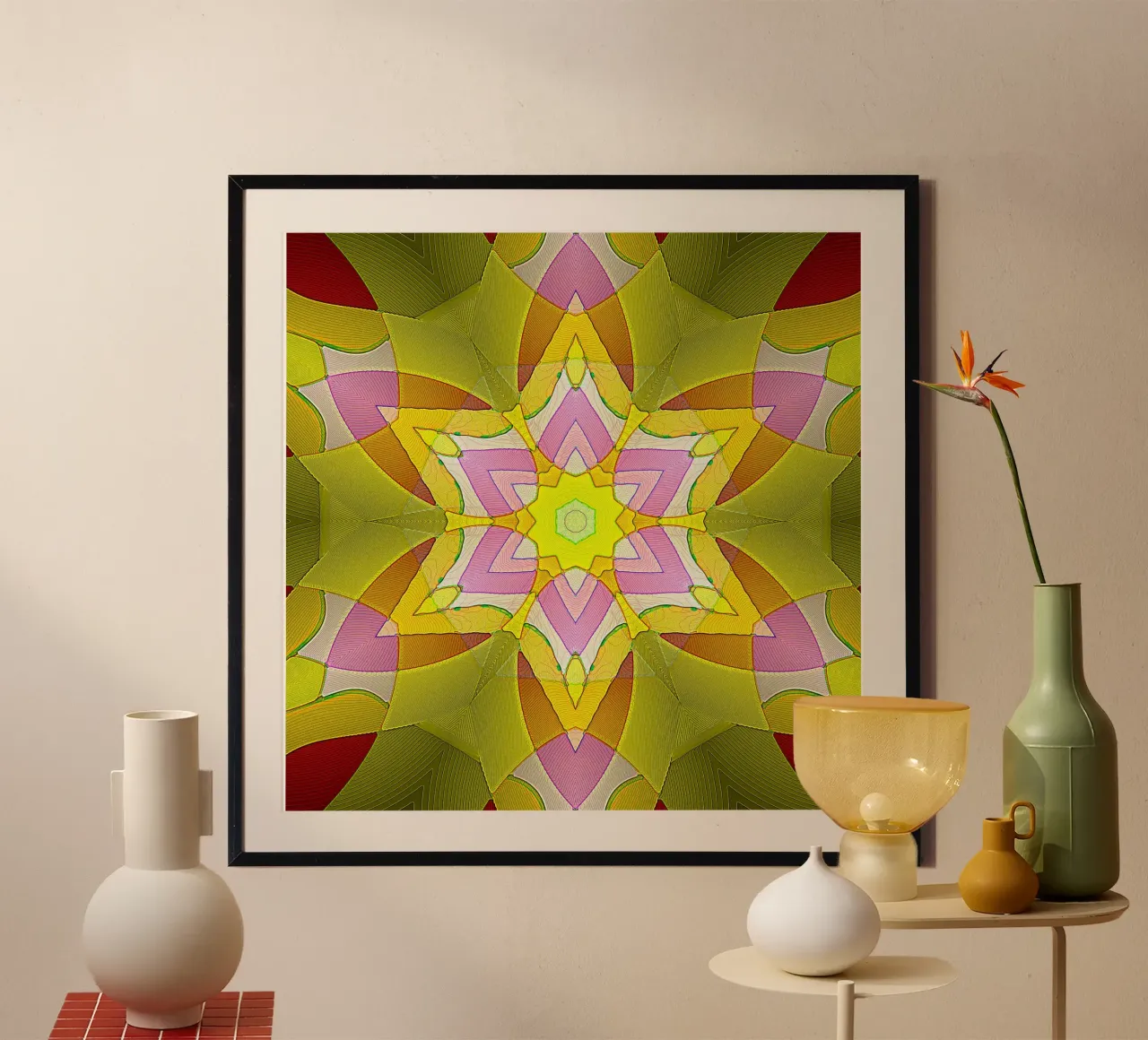 Kaléidoscope en couleurs jaune et rose poster de Gürsel Yesil Digital Art