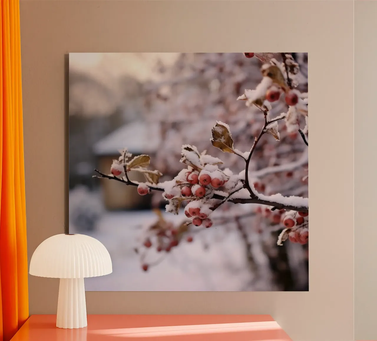 Bacche glassate su un ramo innevato alluminio dibond da PhotoVibe Decor