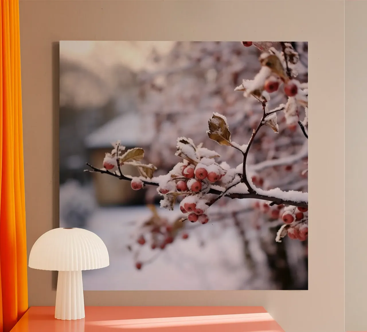 Frosted Berries on a Snowy Branch canvas by PhotoVibe Decor