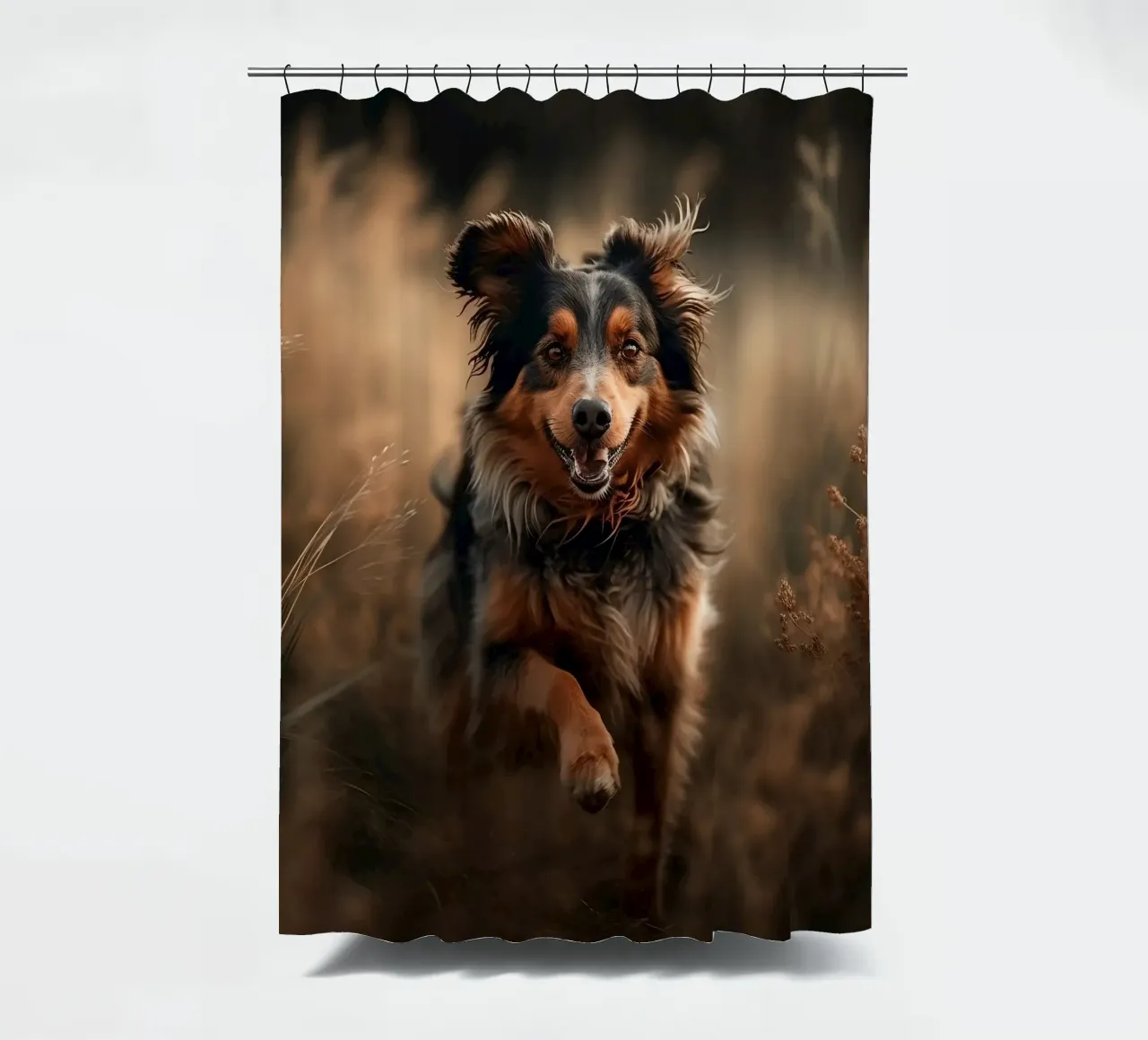 Cane gioioso in un campo d'autunno tenda da doccia da PhotoVibe Decor