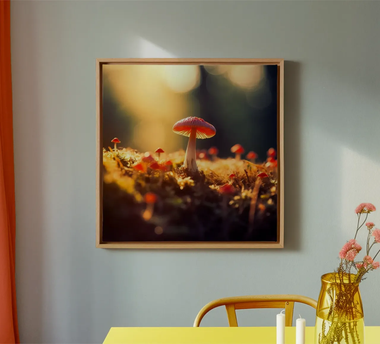 Eenzame rode paddenstoel bij zonsopgang canvas met Baklijst van PhotoVibe Decor