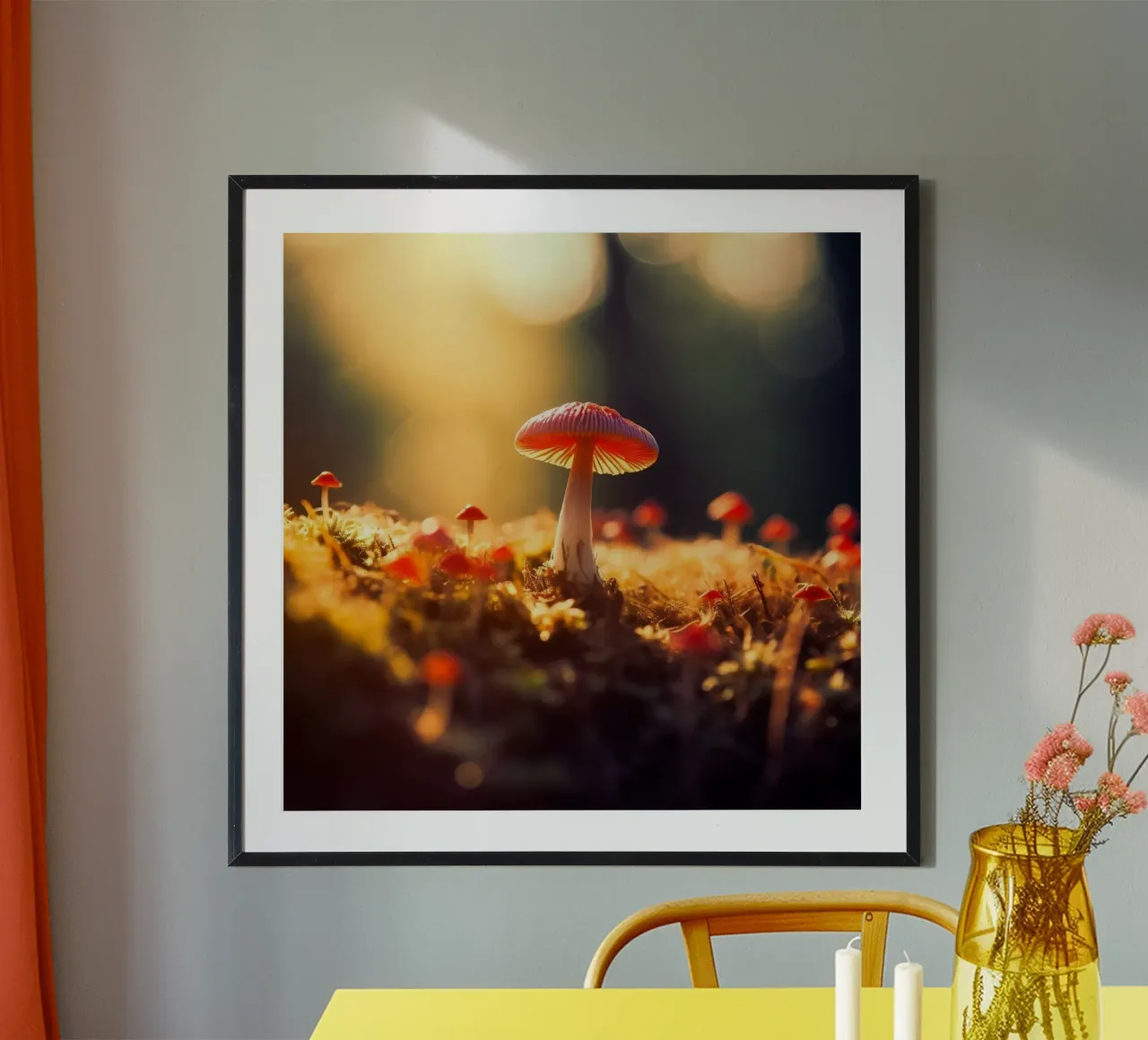 Fungo rosso solitario all'alba poster con telaio in alluminio da PhotoVibe Decor