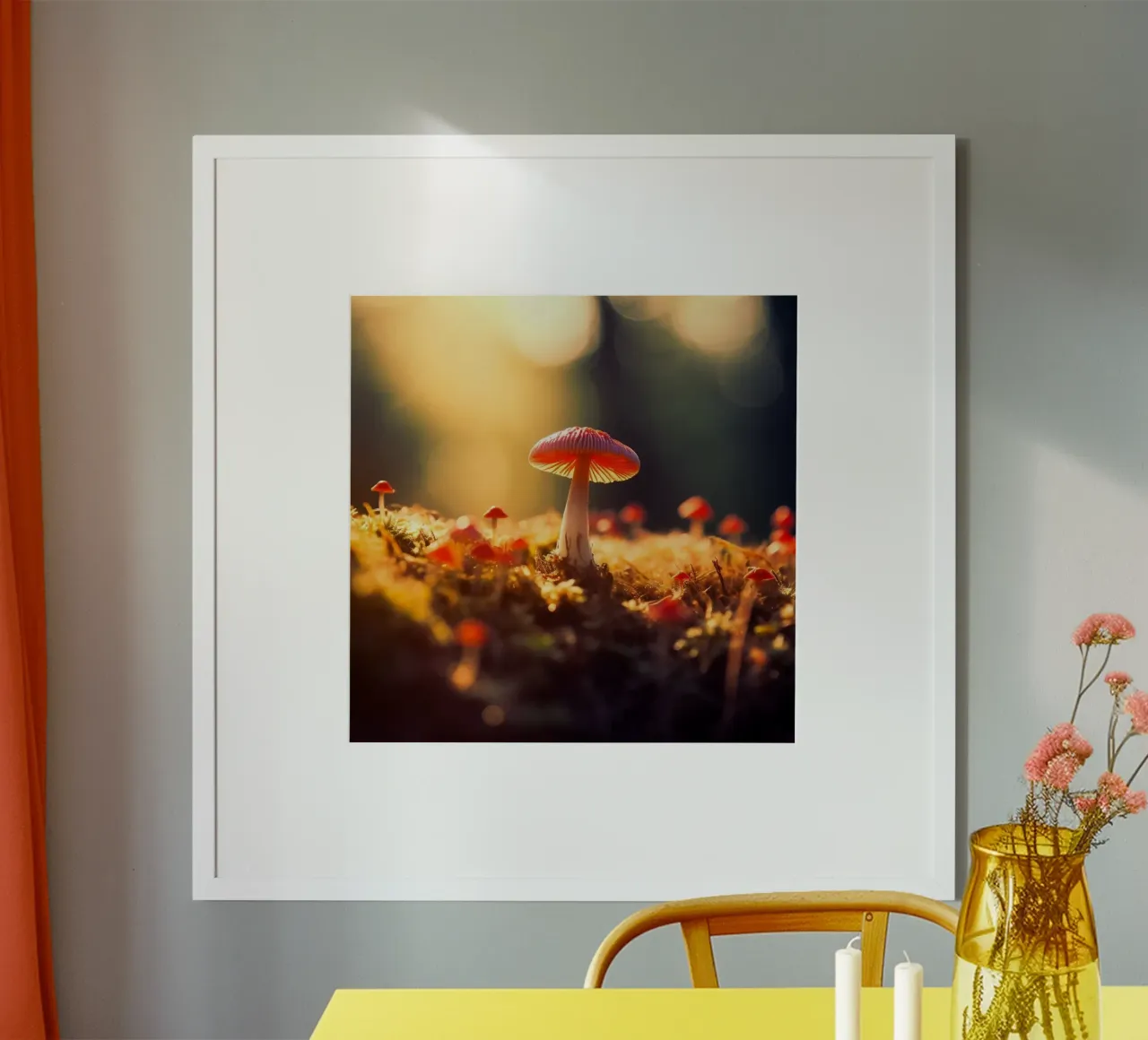 Fungo rosso solitario all'alba poster con telaio in alluminio da PhotoVibe Decor