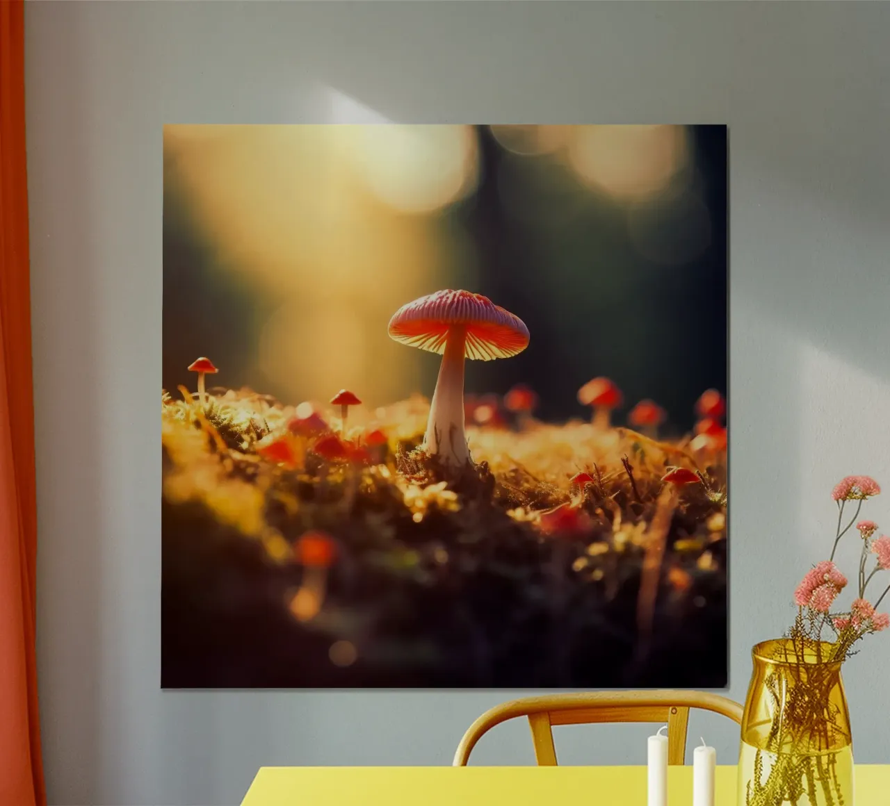 Fungo rosso solitario all'alba poster con telaio in alluminio da PhotoVibe Decor